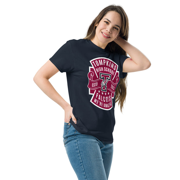 Woman wearing Tompkins High School Falcons Navy Classic Unisex T-shirt 207