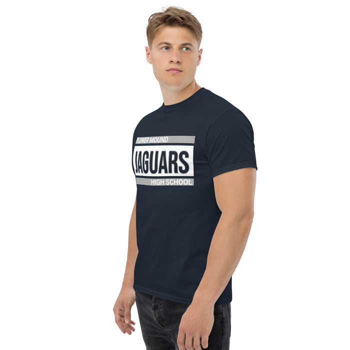 Side view of Flower Mound High School Jaguars Navy Blue Classic Unisex T-shirt 098