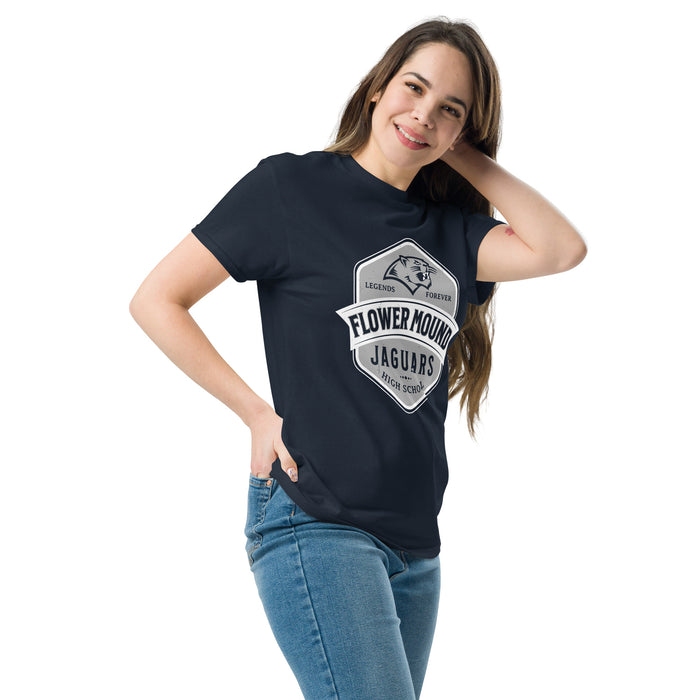 Woman wearing Flower Mound High School Jaguars Navy Blue Classic Unisex T-shirt 209