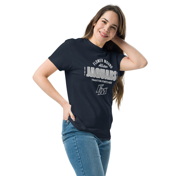 Woman wearing Flower Mound High School Jaguars Navy Blue Classic Unisex T-shirt 040