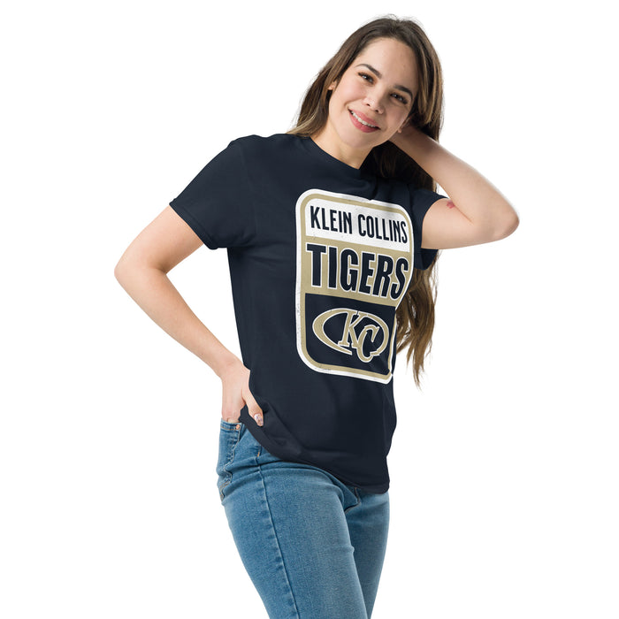 Woman wearing Klein Collins High School Tigers Classic Unisex Navy T-shirt 001