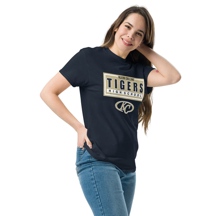 Woman wearing Klein Collins High School Tigers Classic Unisex Navy T-shirt 049