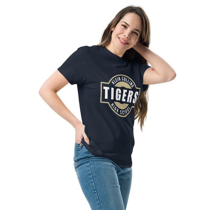 Woman wearing Klein Collins High School Tigers Classic Unisex Navy T-shirt 011