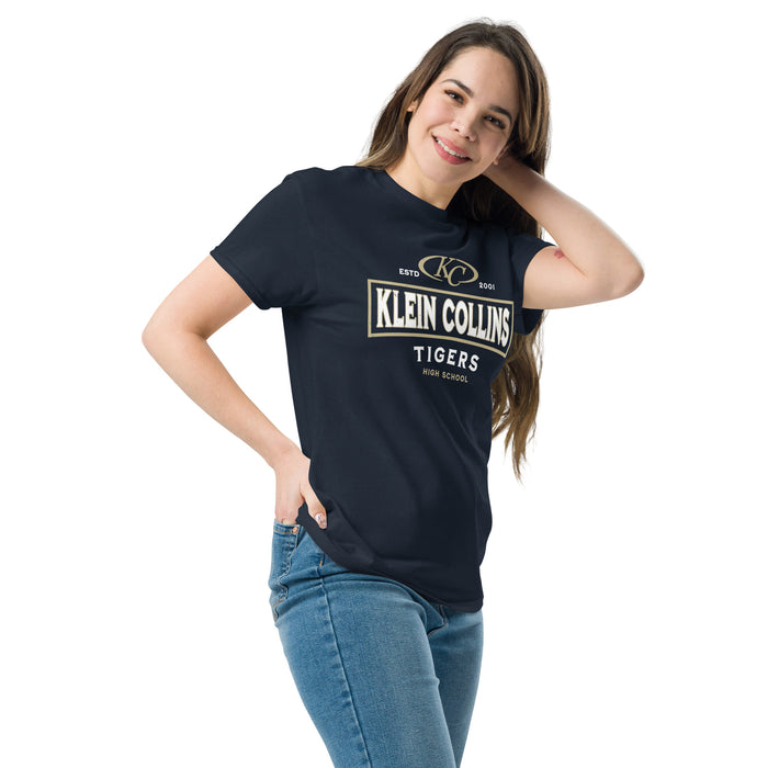 Woman wearing Klein Collins High School Tigers Classic Unisex Navy T-shirt 202