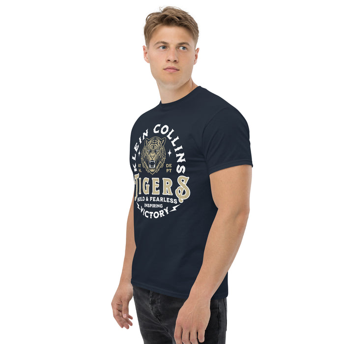 Side view of Klein Collins High School Tigers Classic Unisex Navy T-shirt 206
