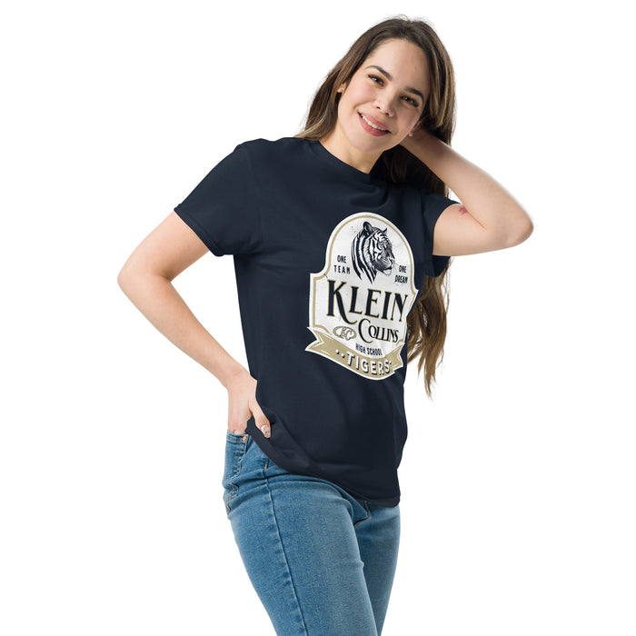 Woman wearing Klein Collins High School Tigers Classic Unisex Navy T-shirt 219