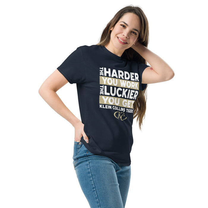 Woman wearing Klein Collins High School Tigers Classic Unisex Navy T-shirt 238