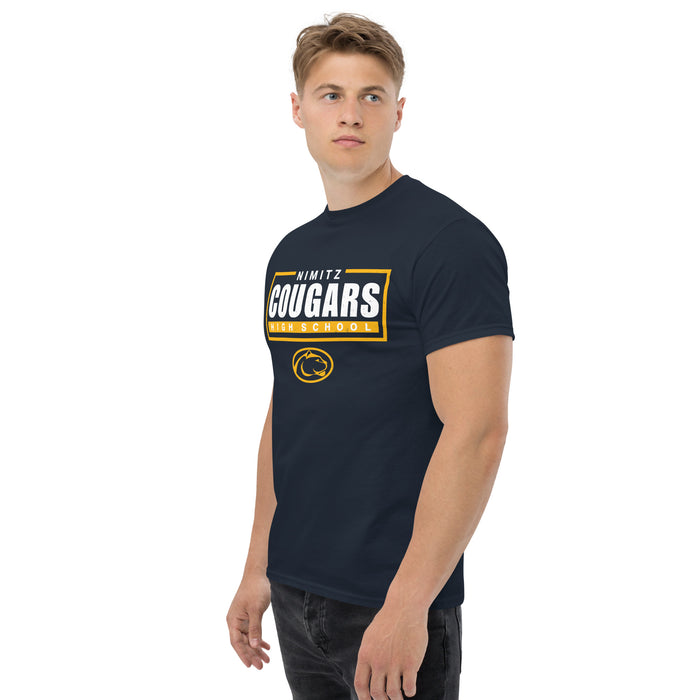 Man wearing Nimitz High School Cougars Navy Blue Classic Unisex T-shirt 049