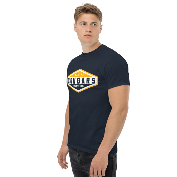 Man wearing Nimitz High School Cougars Navy Blue Classic Unisex T-shirt 009
