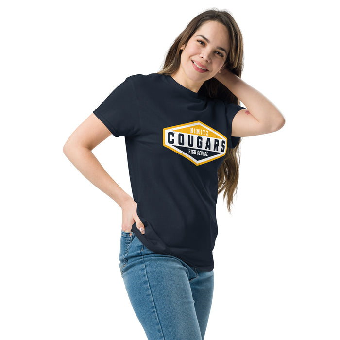 Woman wearing Nimitz High School Cougars Navy Blue Classic Unisex T-shirt 009