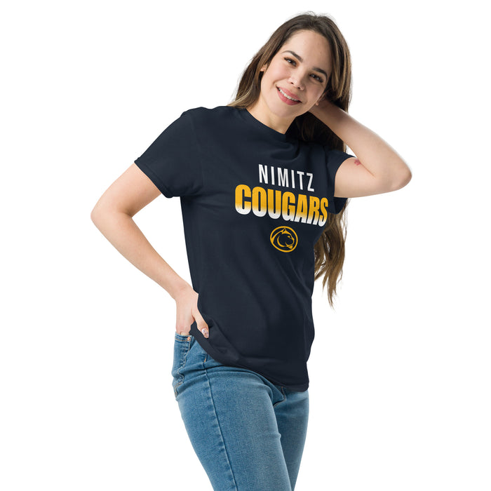 Woman wearing Nimitz High School Cougars Navy Blue Classic Unisex T-shirt 024