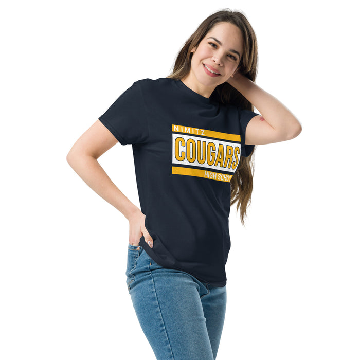 Woman wearing Nimitz High School Cougars Navy Blue Classic Unisex T-shirt 098