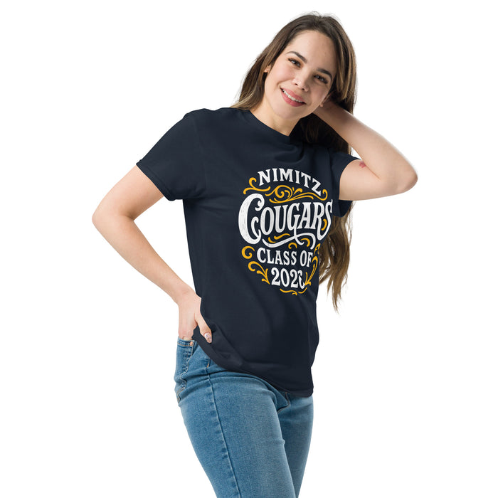 Woman wearing Nimitz High School Cougars Navy Blue Classic Unisex T-shirt 254
