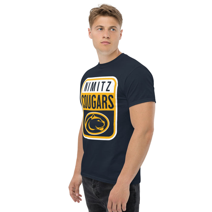 Man wearing Nimitz High School Cougars Navy Blue Classic Unisex T-shirt 001