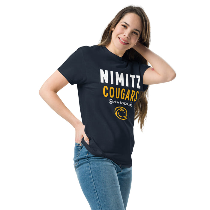 Woman wearing Nimitz High School Cougars Navy Blue Classic Unisex T-shirt 003