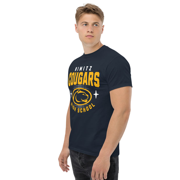 Man wearing Nimitz High School Cougars Navy Blue Classic Unisex T-shirt 204