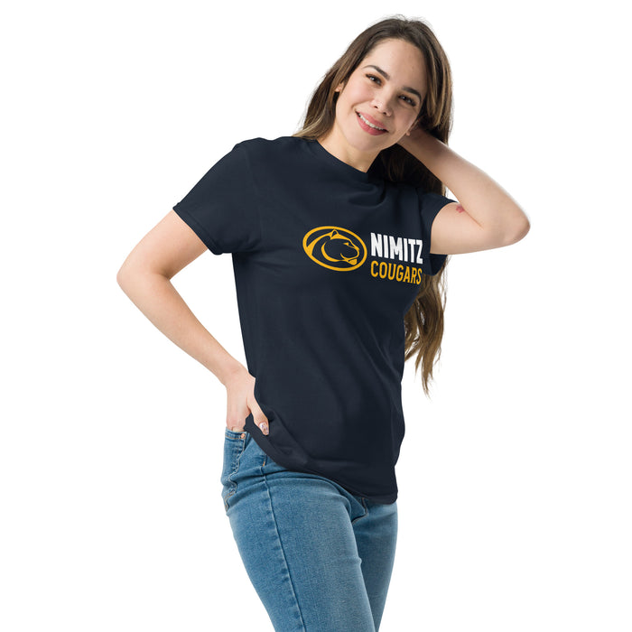 Woman wearing Nimitz High School Cougars Navy Blue Classic Unisex T-shirt 200