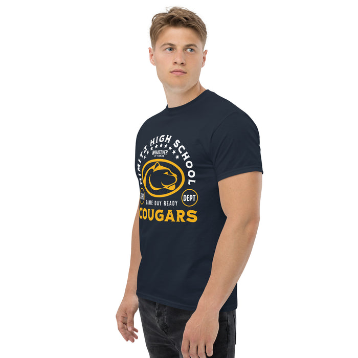 Man wearing Nimitz High School Cougars Navy Blue Classic Unisex T-shirt 208