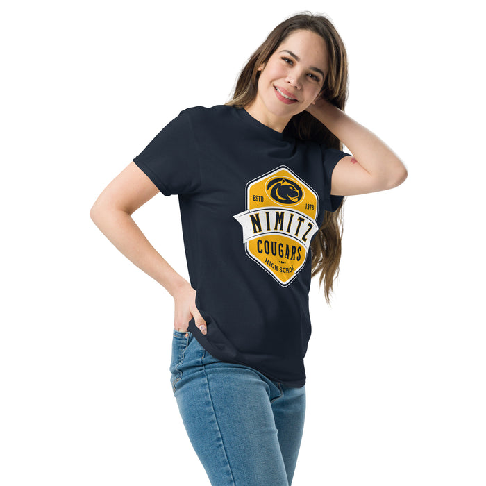 Woman wearing Nimitz High School Cougars Navy Blue Classic Unisex T-shirt 209