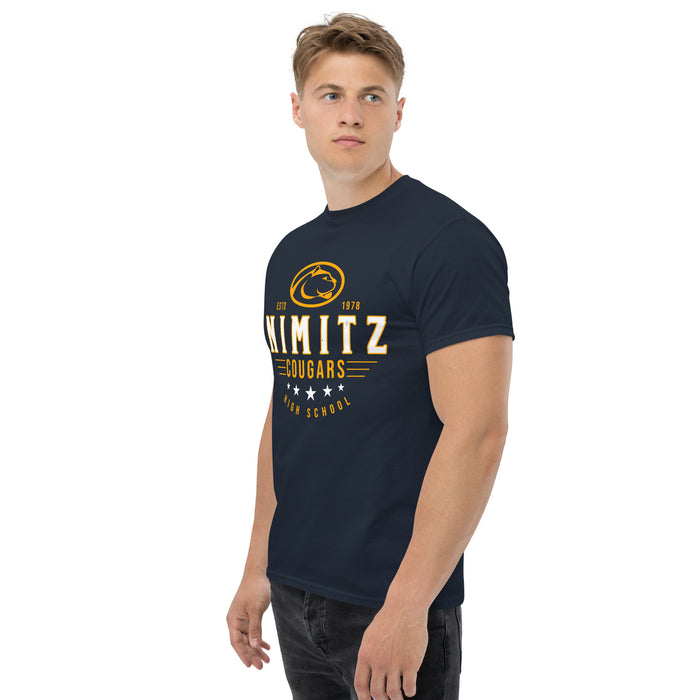 Man wearing Nimitz High School Cougars Navy Blue Classic Unisex T-shirt 217