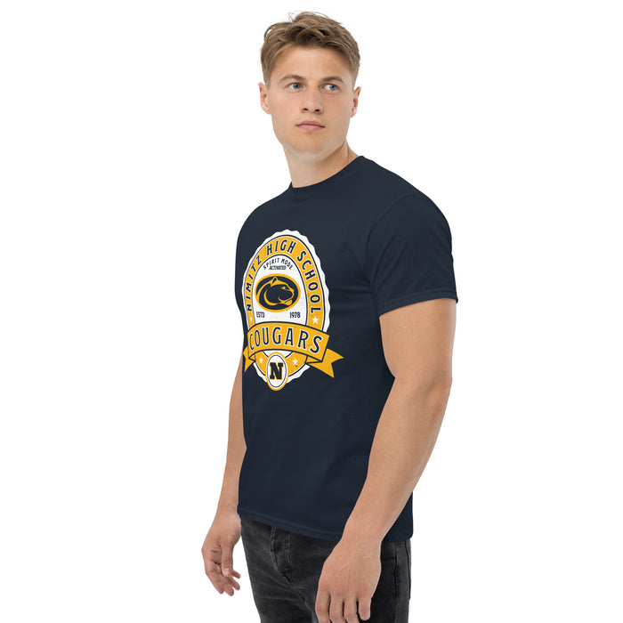 Man wearing Nimitz High School Cougars Navy Blue Classic Unisex T-shirt 212