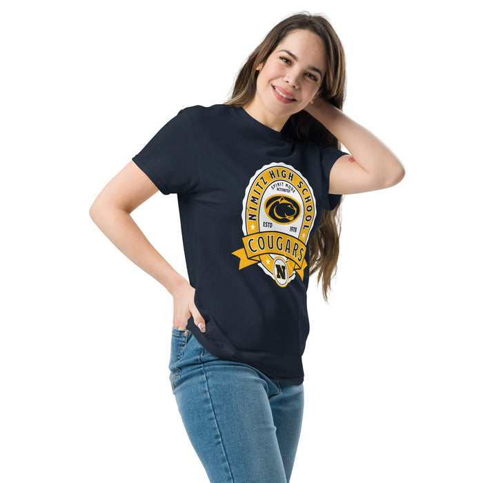 Woman wearing Nimitz High School Cougars Navy Blue Classic Unisex T-shirt 212
