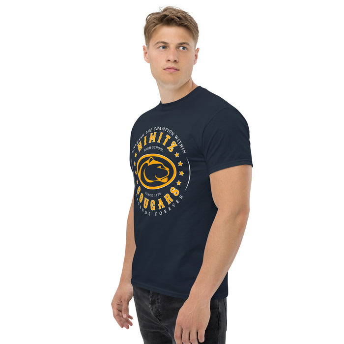 Man wearing Nimitz High School Cougars Navy Blue Classic Unisex T-shirt 214