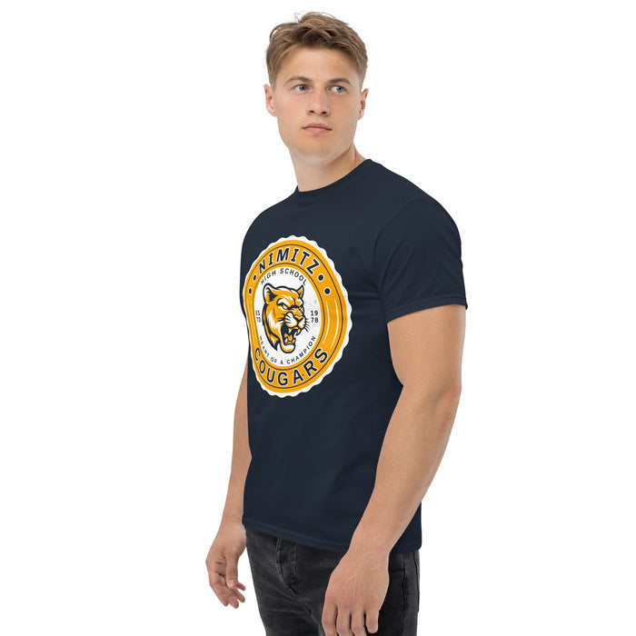 Man wearing Nimitz High School Cougars Navy Blue Classic Unisex T-shirt 216