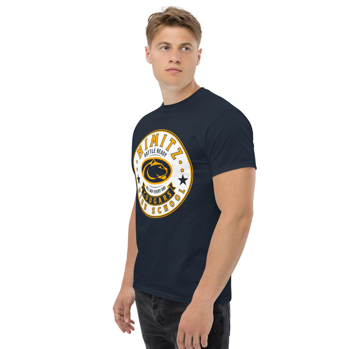 Man wearing Nimitz High School Cougars Navy Blue Classic Unisex T-shirt 215