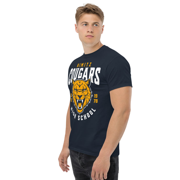 Man wearing Nimitz High School Cougars Navy Blue Classic Unisex T-shirt 213