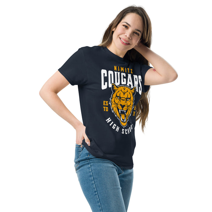 Woman wearing Nimitz High School Cougars Navy Blue Classic Unisex T-shirt 213