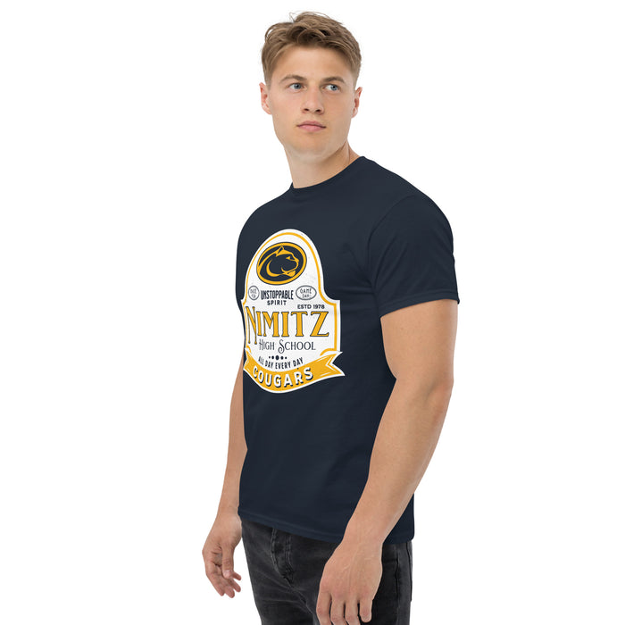 Man wearing Nimitz High School Cougars Navy Blue Classic Unisex T-shirt 219