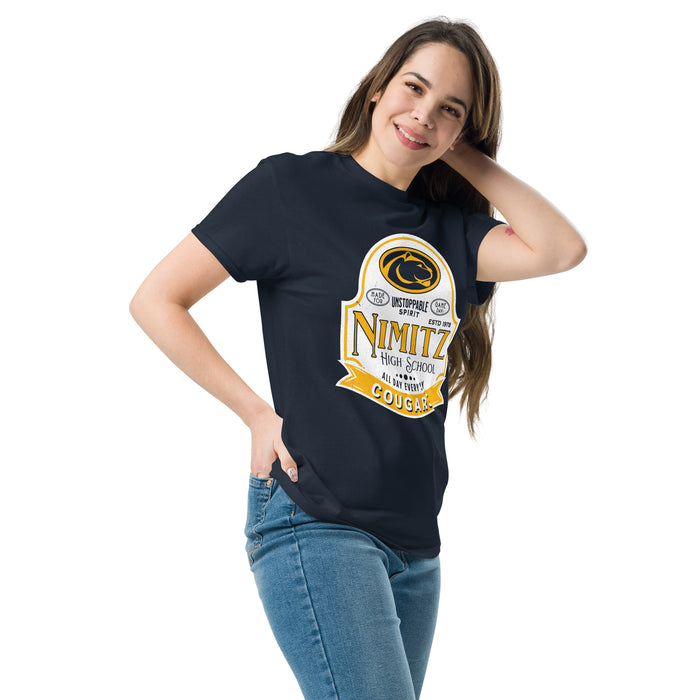 Woman wearing Nimitz High School Cougars Navy Blue Classic Unisex T-shirt 219