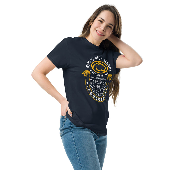 Woman wearing Nimitz High School Cougars Navy Blue Classic Unisex T-shirt 229