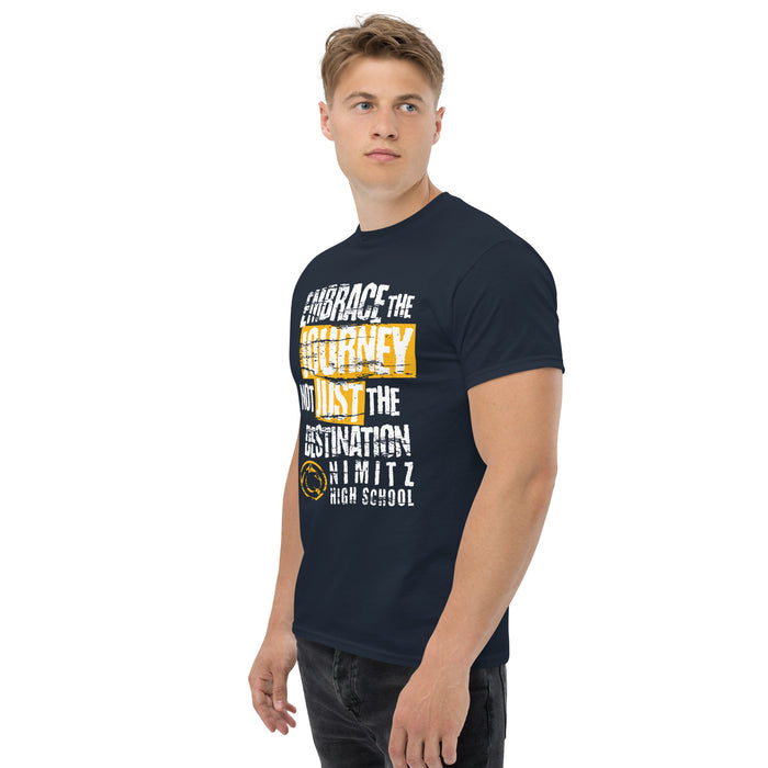 Man wearing Nimitz High School Cougars Navy Blue Classic Unisex T-shirt 232