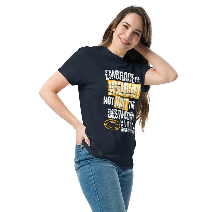 Woman wearing Nimitz High School Cougars Navy Blue Classic Unisex T-shirt 232