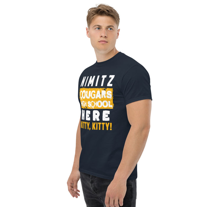 Man wearing Nimitz High School Cougars Navy Blue Classic Unisex T-shirt 231
