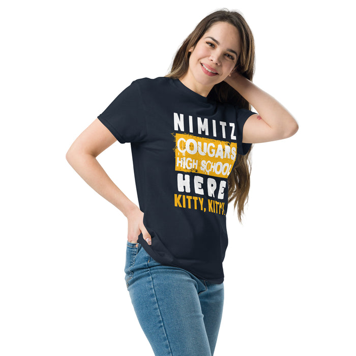 Woman wearing Nimitz High School Cougars Navy Blue Classic Unisex T-shirt 231
