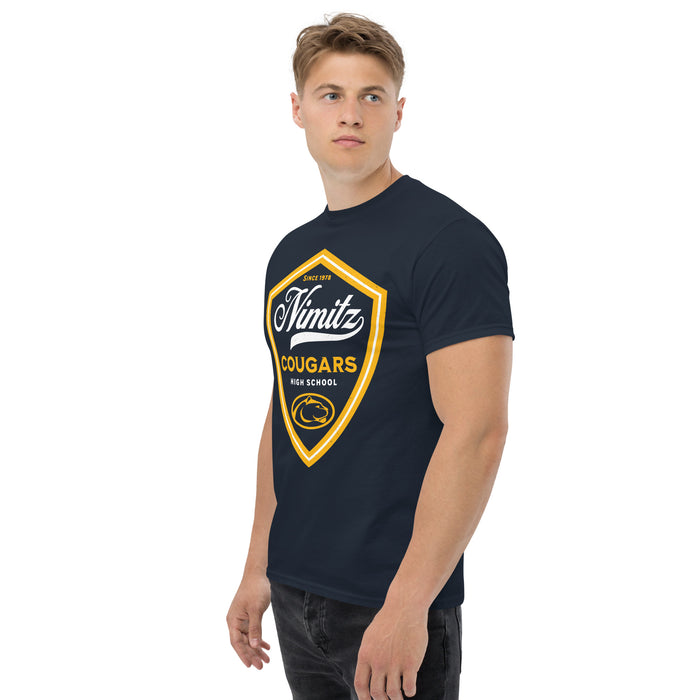 Man wearing Nimitz High School Cougars Navy Blue Classic Unisex T-shirt 225