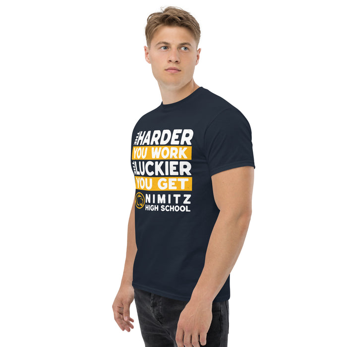 Man wearing Nimitz High School Cougars Navy Blue Classic Unisex T-shirt 238