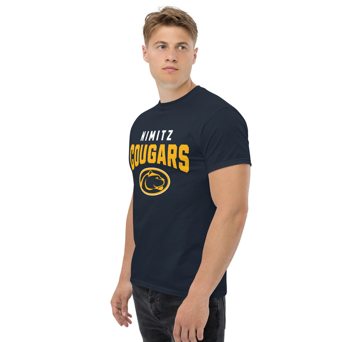 Man wearing Nimitz High School Cougars Navy Blue Classic Unisex T-shirt 234Nimitz High School Cougars Navy Blue Classic Unisex T-shirt 234