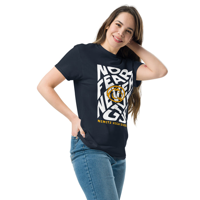 Woman wearing Nimitz High School Cougars Navy Blue Classic Unisex T-shirt 236