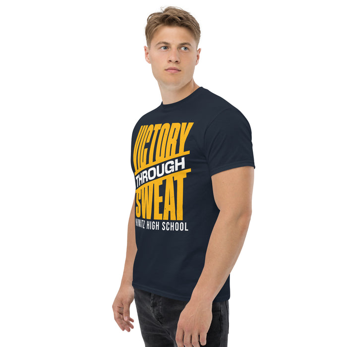 Man wearing Nimitz High School Cougars Navy Blue Classic Unisex T-shirt 241