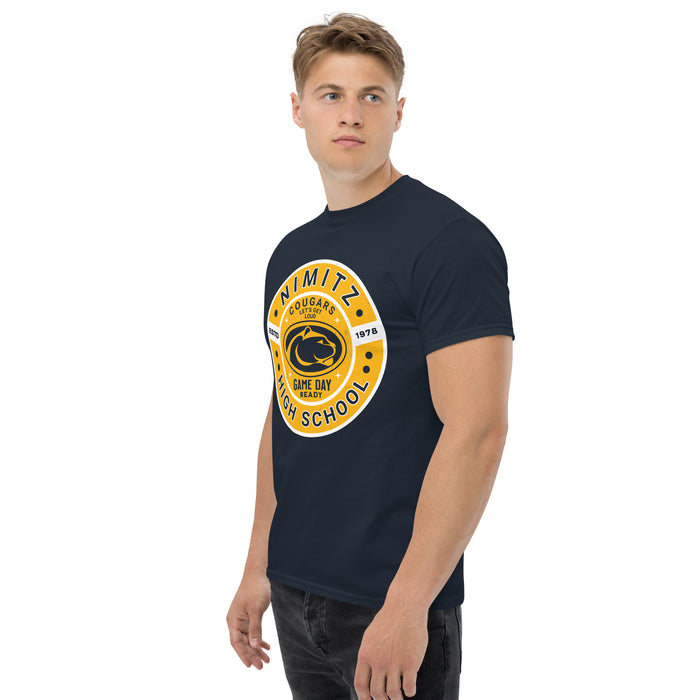 Man wearing Nimitz High School Cougars Navy Blue Classic Unisex T-shirt 239