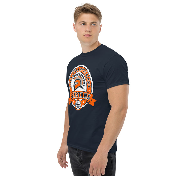 Man wearing Seven Lakes High School Spartans Navy Blue Classic Unisex T-shirt 212