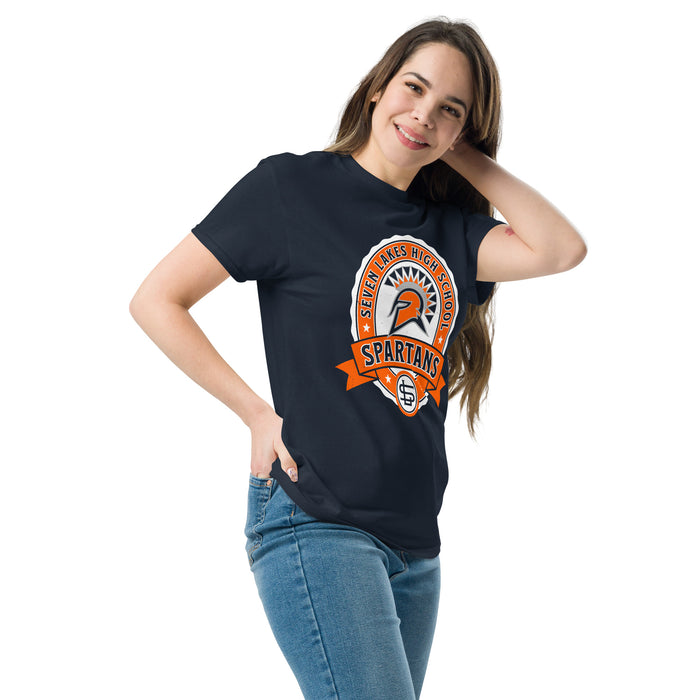 Woman wearing Seven Lakes High School Spartans Navy Blue Classic Unisex T-shirt 212