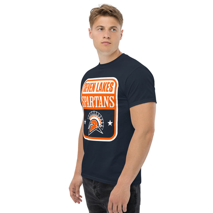 Man wearing Seven Lakes High School Spartans Navy Blue Classic Unisex T-shirt 001