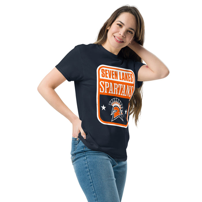 Woman wearing Seven Lakes High School Spartans Navy Blue Classic Unisex T-shirt 001