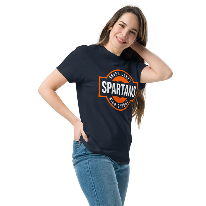 Woman wearing Seven Lakes High School Spartans Navy Blue Classic Unisex T-shirt 011