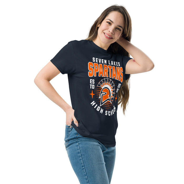 Woman wearing Seven Lakes High School Spartans Navy Blue Classic Unisex T-shirt 204